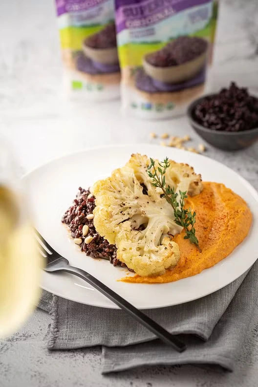 Cauliflower Steak With Ready-to-eat Jasberry Rice and Sriracha Chickpea Sauce